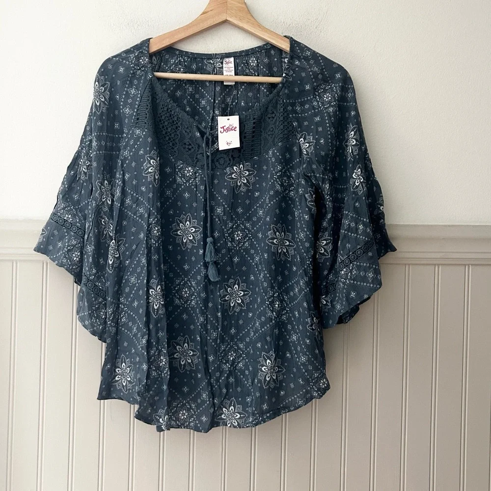 ⭐️ NEW Justice Girls 18/20 Dark Blue Patterned Boho Blouse
